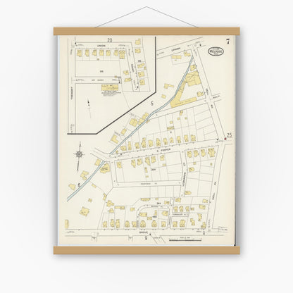 Old map wall art mockup — magnetic wood frame on white wall — Sanborn Fire Insurance Map from Melrose, Middlesex County, Massachusetts (1915), Sheet #0007