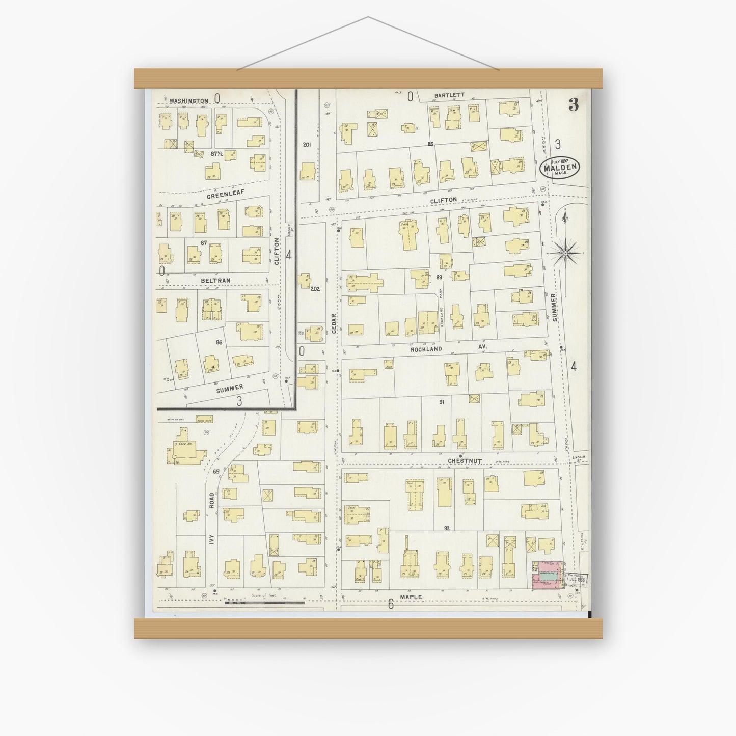 Old map wall art mockup — magnetic wood frame on white wall — Sanborn Fire Insurance Map from Malden, Middlesex County, Massachusetts (1897), Sheet #0003