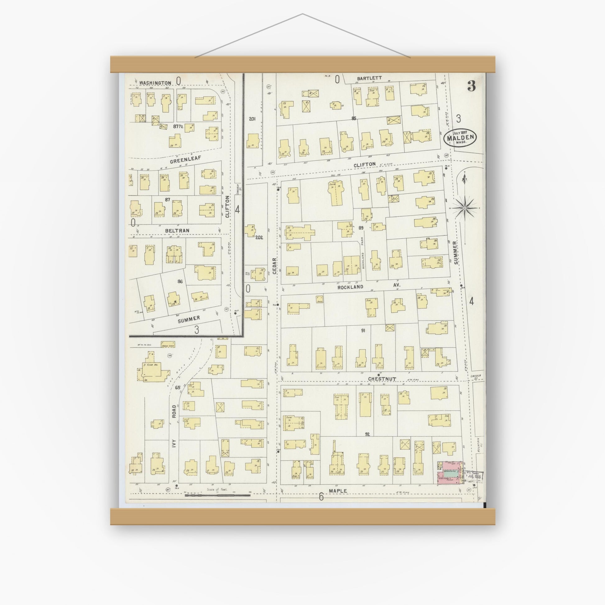 Old map wall art mockup — magnetic wood frame on white wall — Sanborn Fire Insurance Map from Malden, Middlesex County, Massachusetts (1897), Sheet #0003
