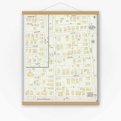Old map wall art mockup — magnetic wood frame on white wall — Sanborn Fire Insurance Map from Malden, Middlesex County, Massachusetts (1897), Sheet #0003