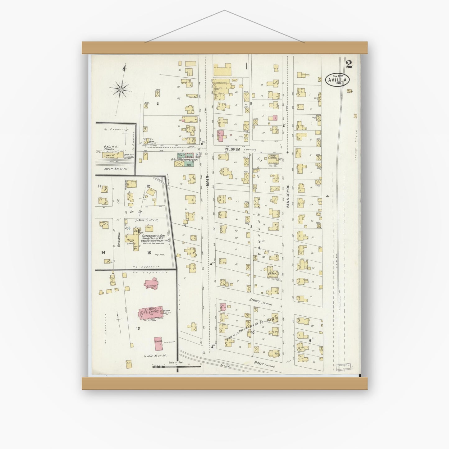 Old map wall art mockup — magnetic wood frame on white wall — Sanborn Fire Insurance Map from Avilla, Noble County, Indiana (1897), Sheet #0002