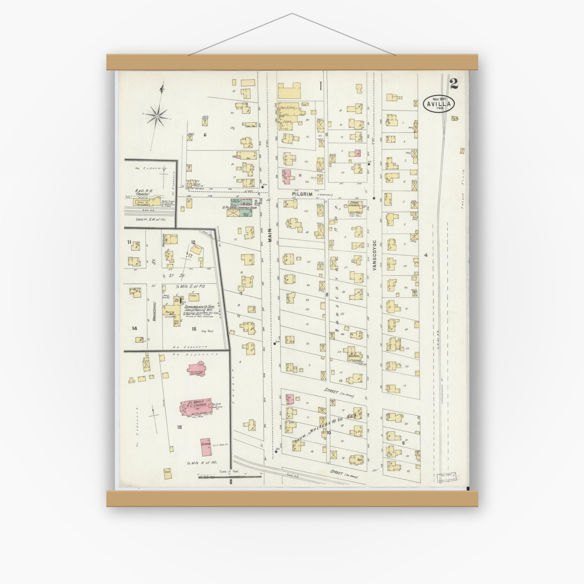 Old map wall art mockup — magnetic wood frame on white wall — Sanborn Fire Insurance Map from Avilla, Noble County, Indiana (1897), Sheet #0002