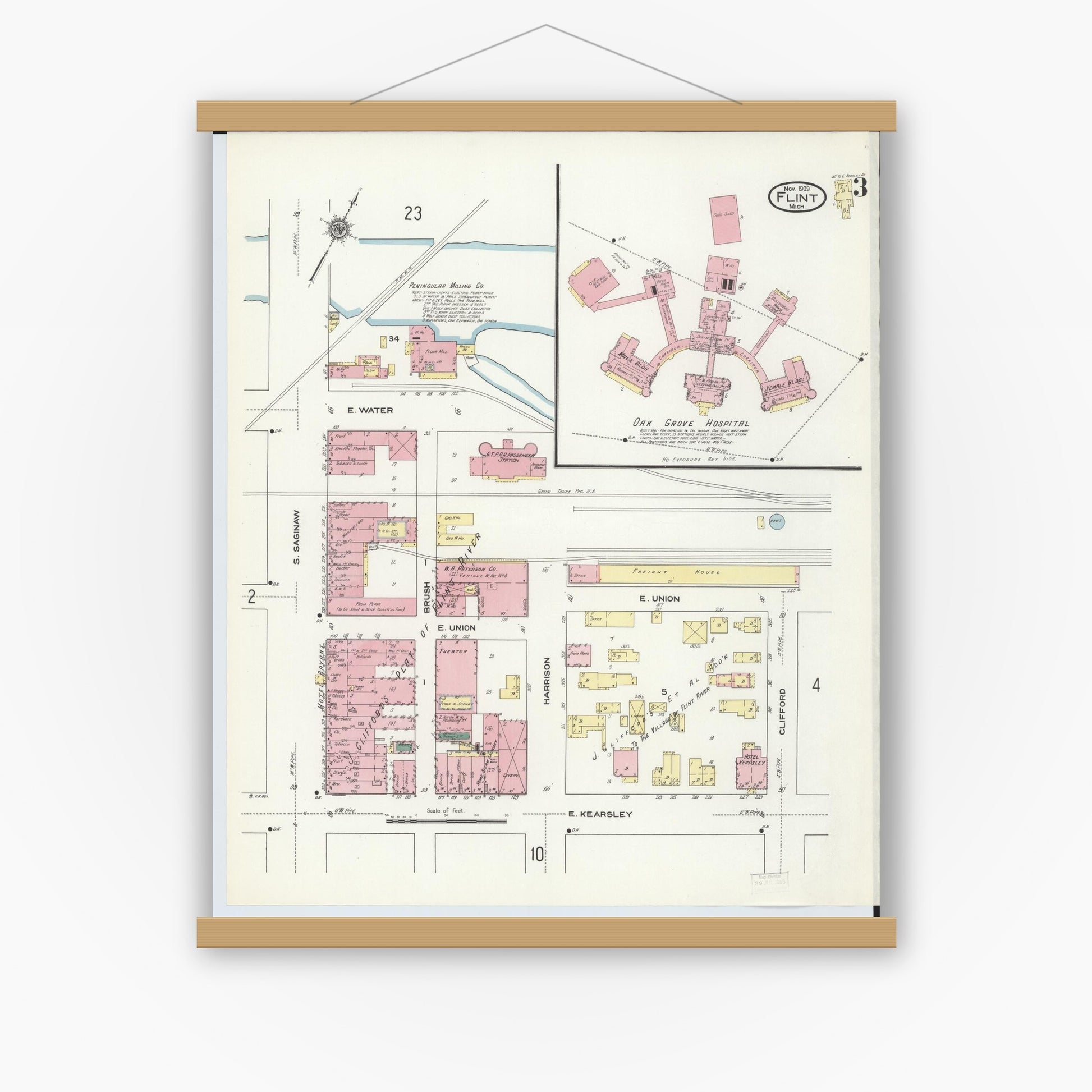 Old map wall art mockup — magnetic wood frame on white wall — Sanborn Fire Insurance Map from Flint, Genesee County, Michigan (1909), Sheet #0003