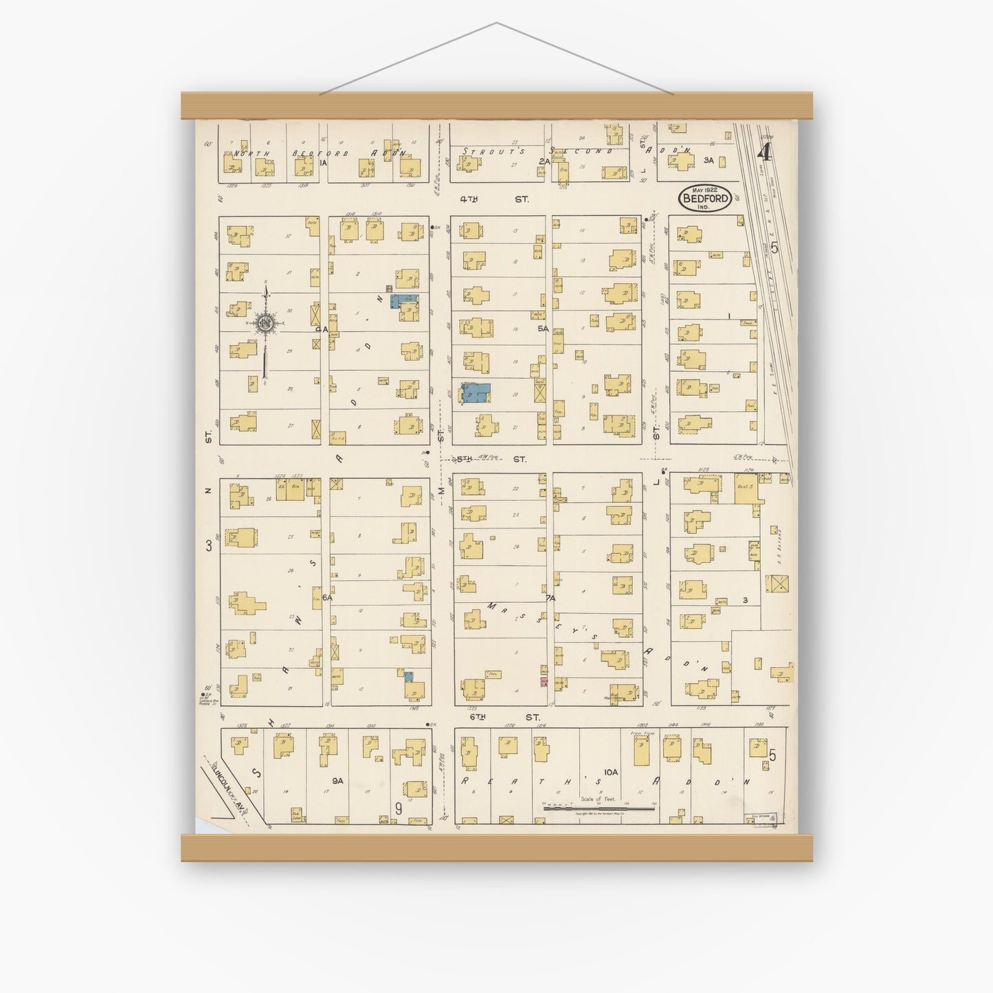 Old map wall art mockup — magnetic wood frame on white wall — Sanborn Fire Insurance Map from Bedford, Lawrence County, Indiana (1922), Sheet #0004