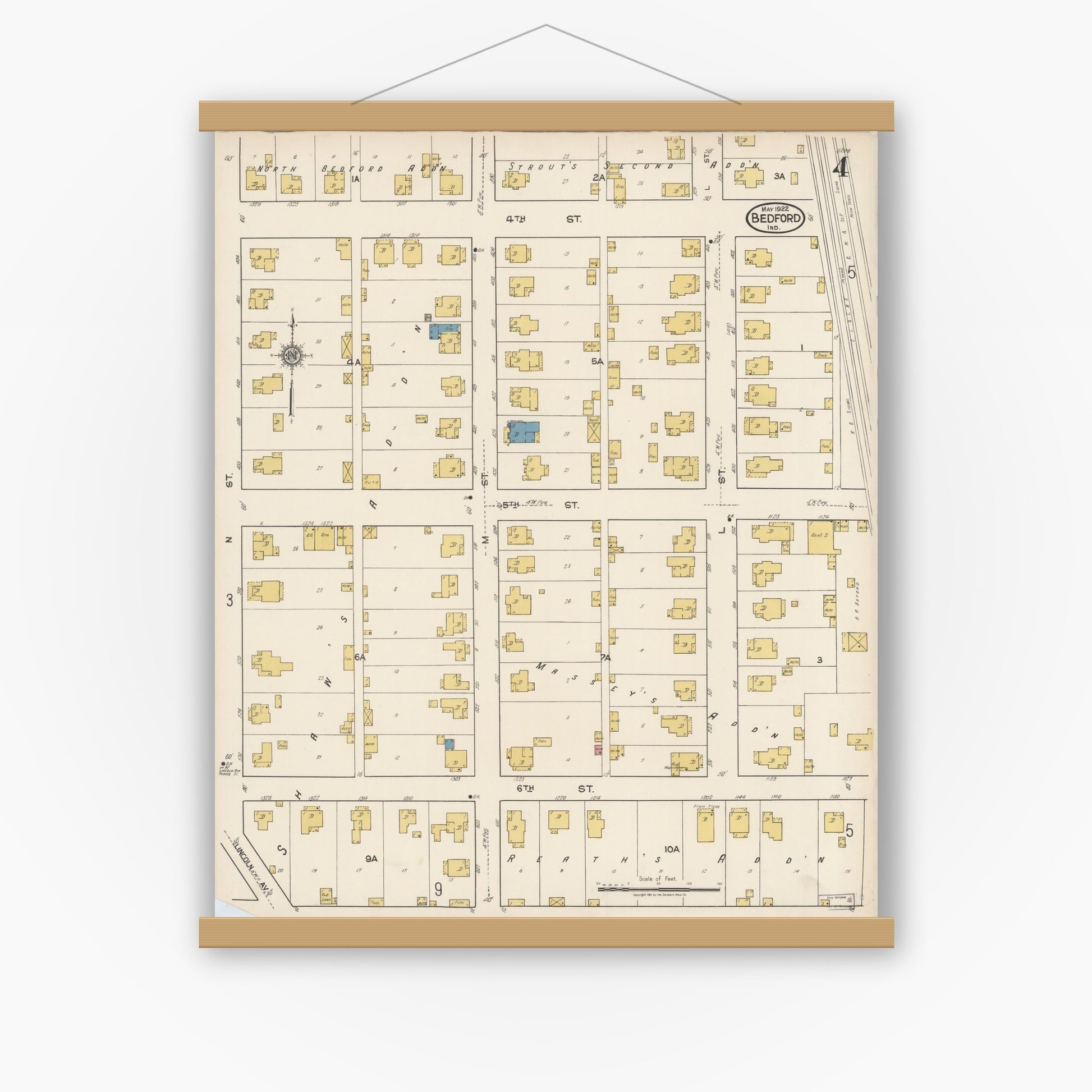 Old map wall art mockup — magnetic wood frame on white wall — Sanborn Fire Insurance Map from Bedford, Lawrence County, Indiana (1922), Sheet #0004
