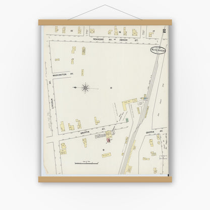 Old map wall art mockup — magnetic wood frame on white wall — Sanborn Fire Insurance Map from Riverhead, Suffolk County, New York (1891), Sheet #0002