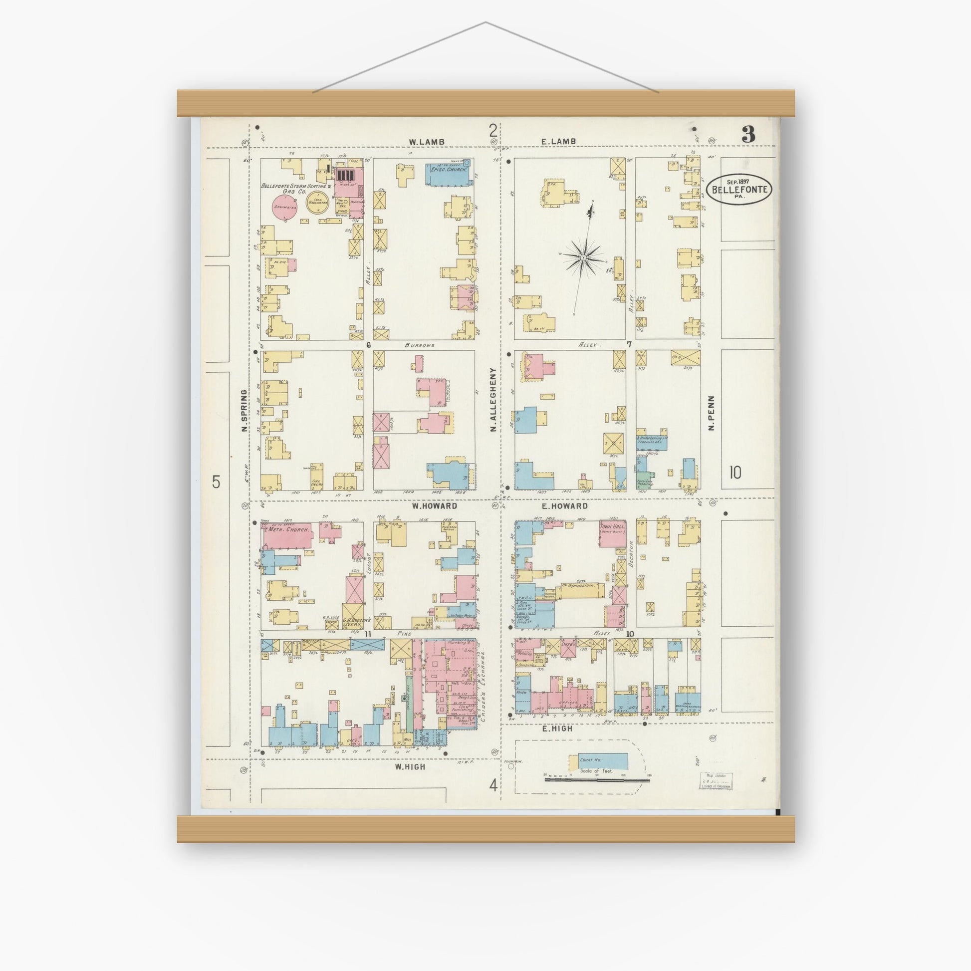 Old map wall art mockup — magnetic wood frame on white wall — Sanborn Fire Insurance Map from Bellefonte, Centre County, Pennsylvania (1897), Sheet #0003