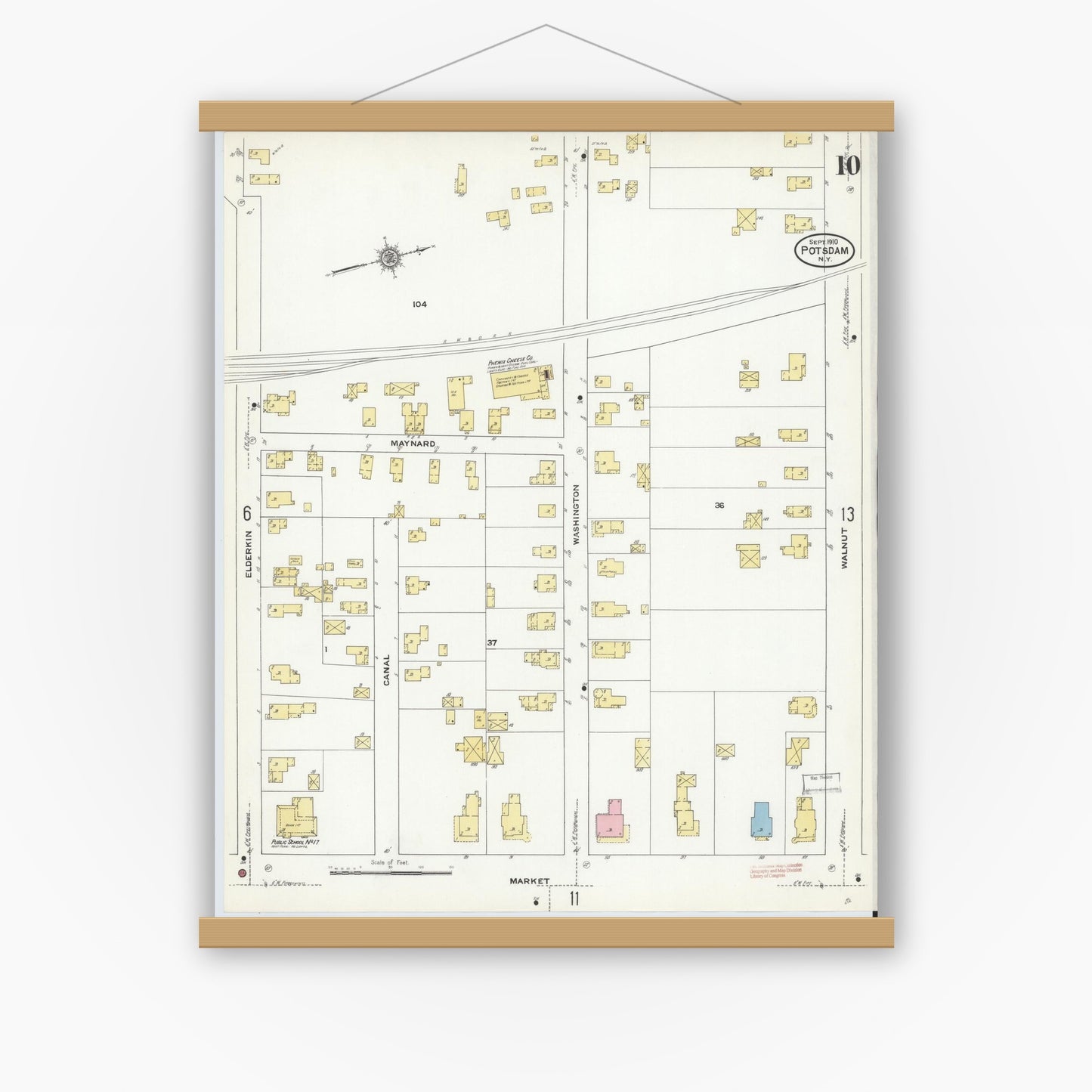 Old map wall art mockup — magnetic wood frame on white wall — Sanborn Fire Insurance Map from Potsdam, St. Lawrence County, New York (1910), Sheet #0010