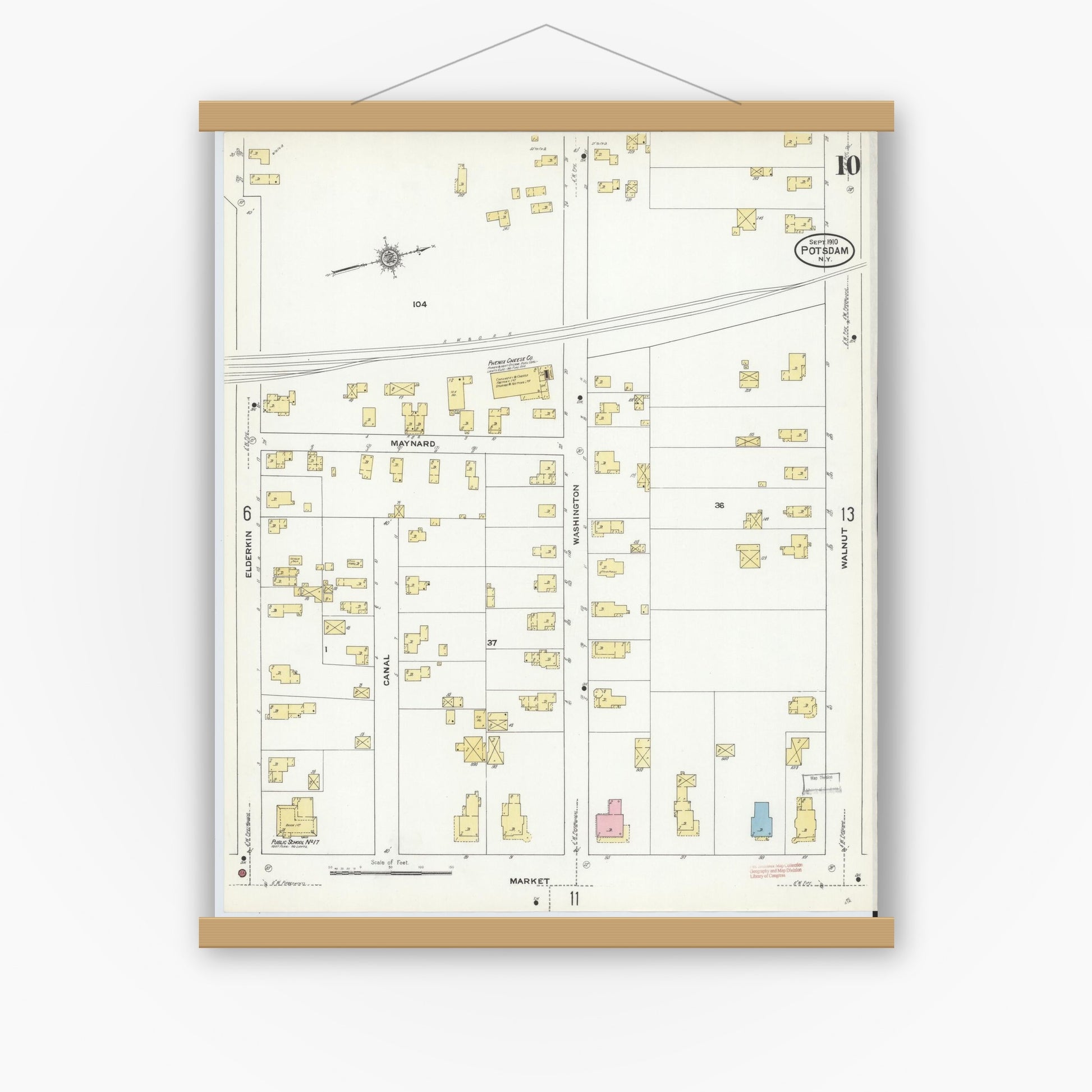 Old map wall art mockup — magnetic wood frame on white wall — Sanborn Fire Insurance Map from Potsdam, St. Lawrence County, New York (1910), Sheet #0010