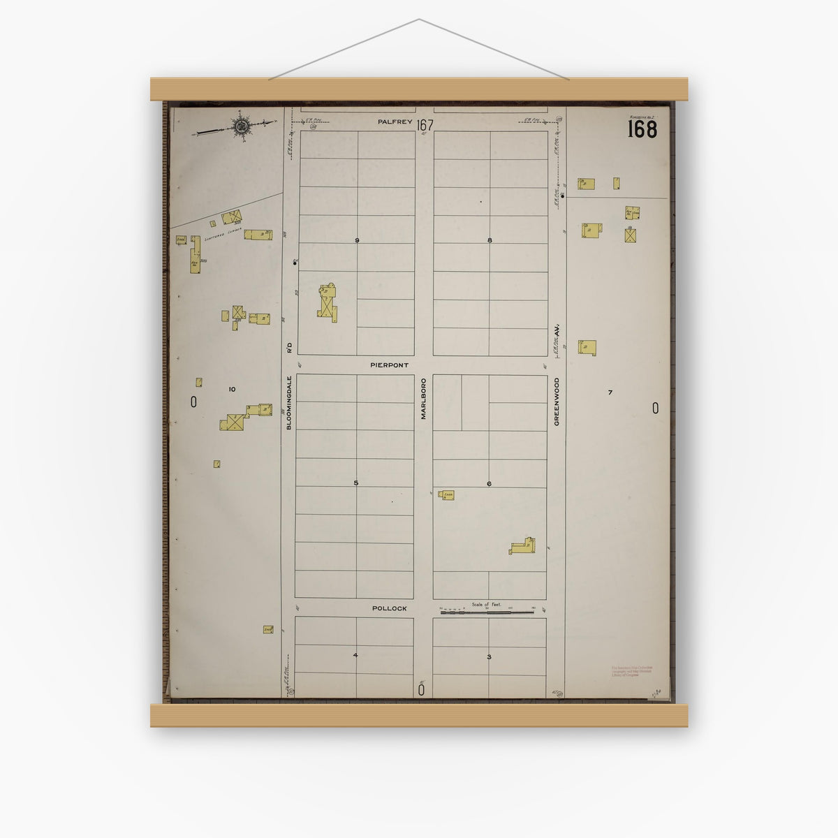 Old map wall art mockup — magnetic wood frame on white wall — Sanborn Fire Insurance Map from Worcester, Worcester County, Massachusetts (1910), Sheet #0168