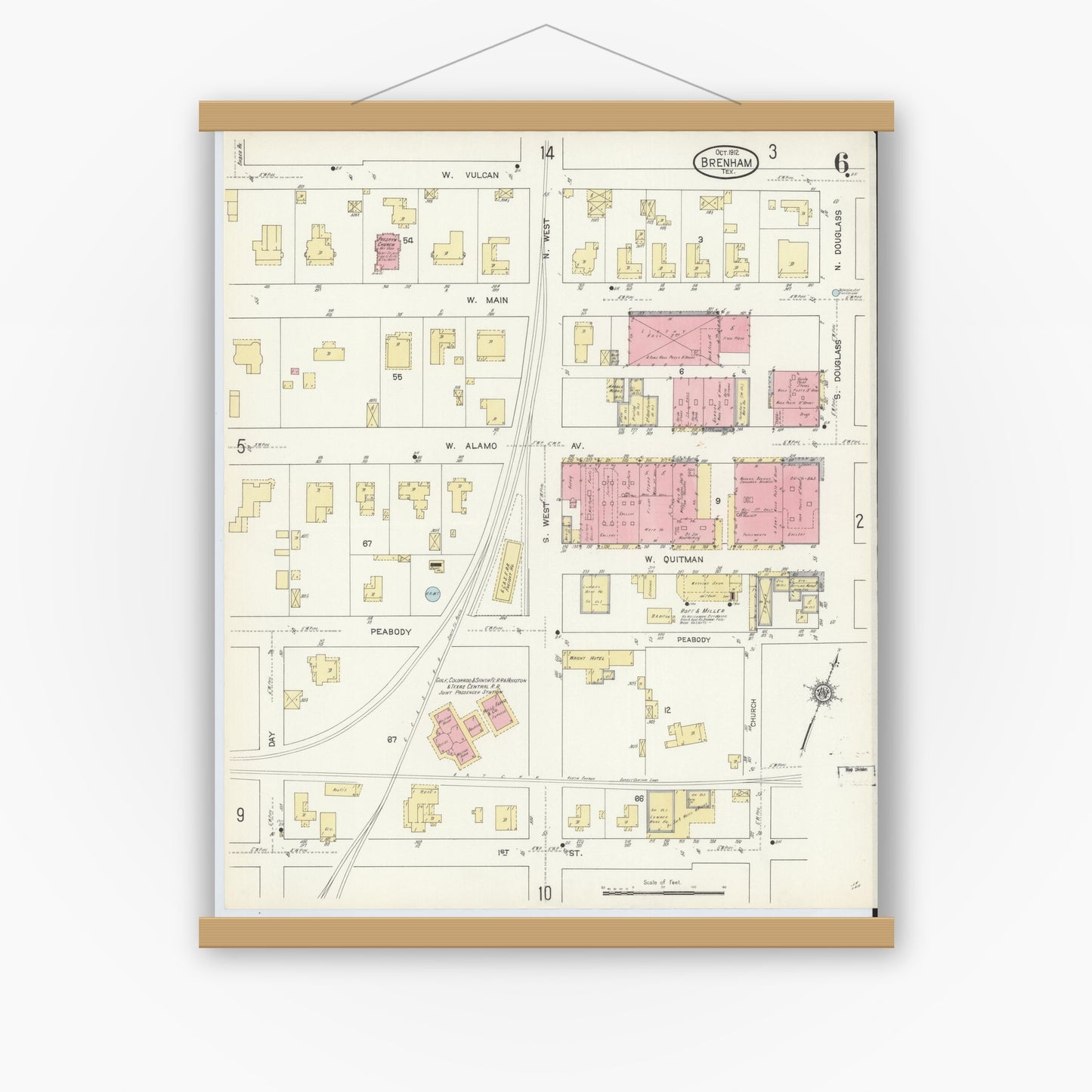 Old map wall art mockup — magnetic wood frame on white wall — Sanborn Fire Insurance Map from Brenham, Washington County, Texas (1912), Sheet #0006