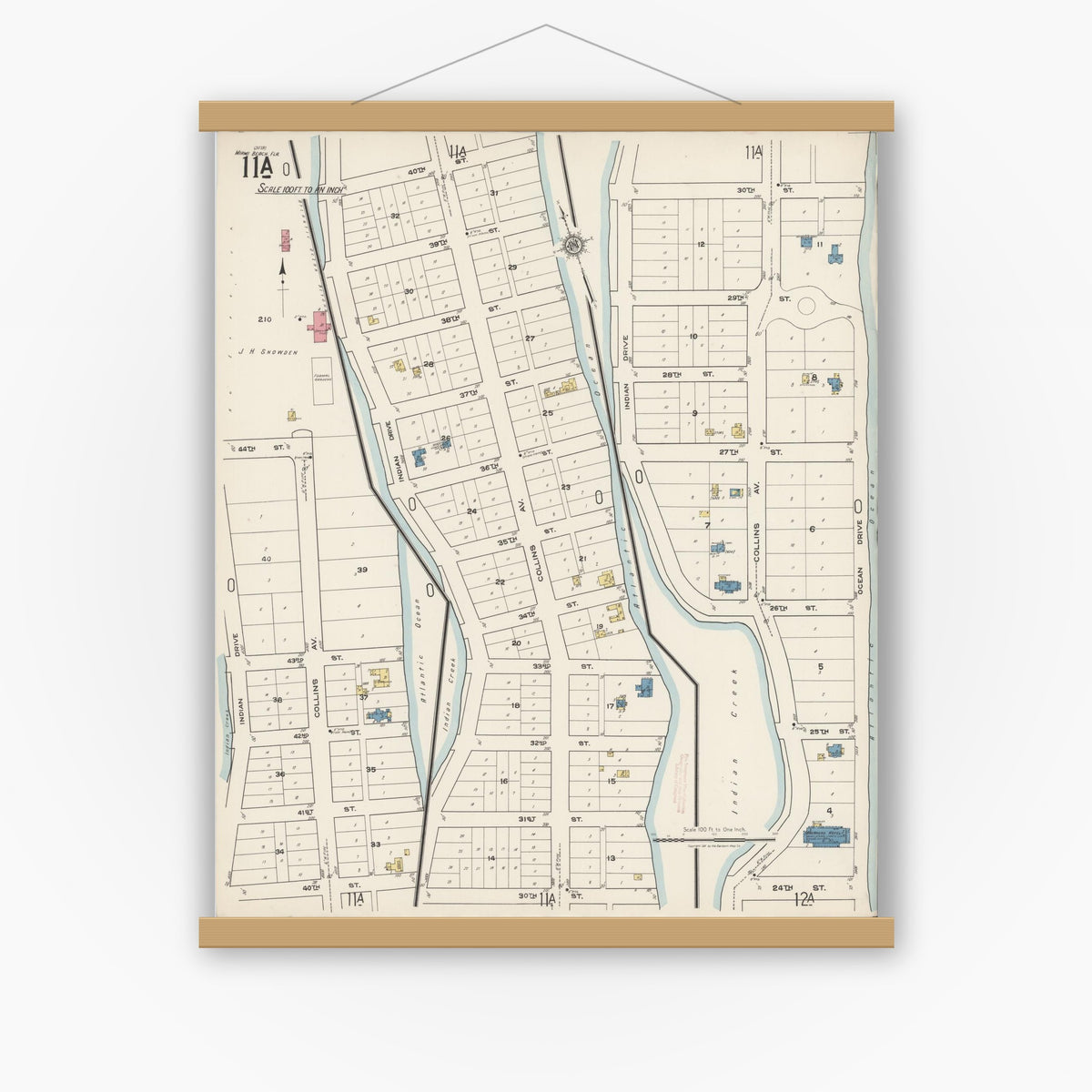 Old map wall art mockup — magnetic wood frame on white wall — Sanborn Fire Insurance Map from Miami Beach, Dade County, Florida (1921), Sheet #0011