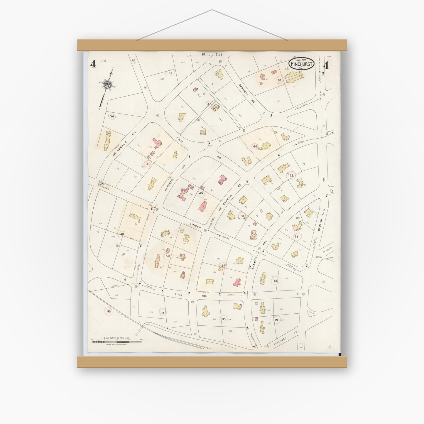 Old map wall art mockup — magnetic wood frame on white wall — Sanborn Fire Insurance Map from Pinehurst, Moore County, North Carolina (1939), Sheet #0004
