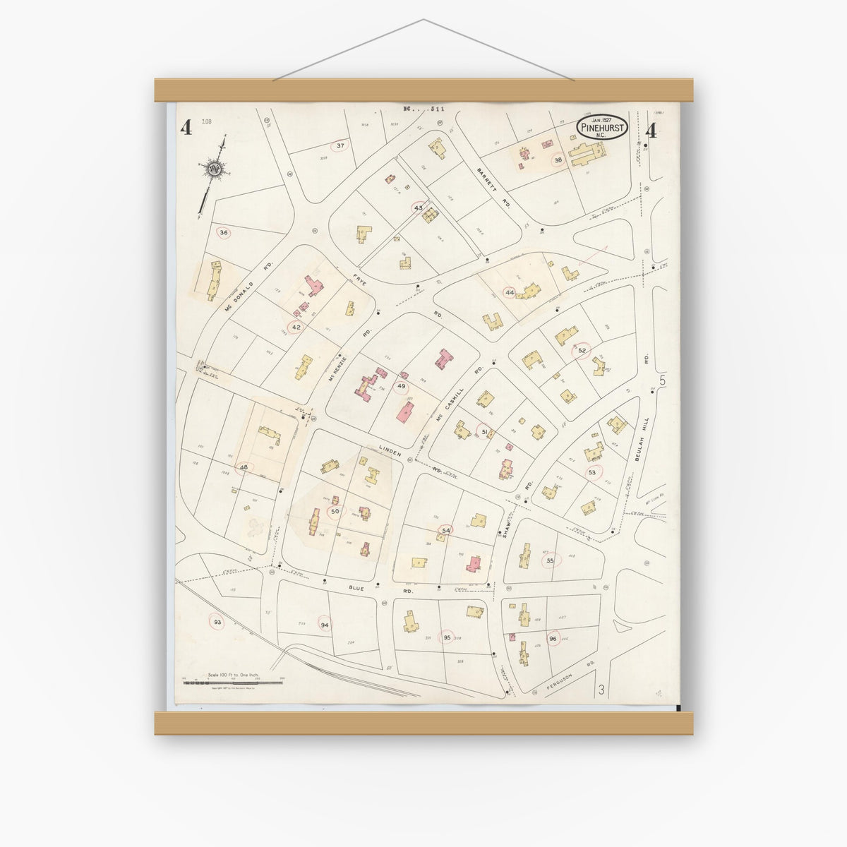 Old map wall art mockup — magnetic wood frame on white wall — Sanborn Fire Insurance Map from Pinehurst, Moore County, North Carolina (1939), Sheet #0004