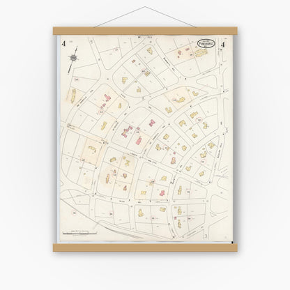 Old map wall art mockup — magnetic wood frame on white wall — Sanborn Fire Insurance Map from Pinehurst, Moore County, North Carolina (1939), Sheet #0004