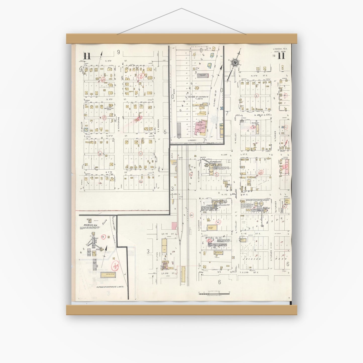 Old map wall art mockup — magnetic wood frame on white wall — Sanborn Fire Insurance Map from Lamesa, Dawson County, Texas (1948), Sheet #0011