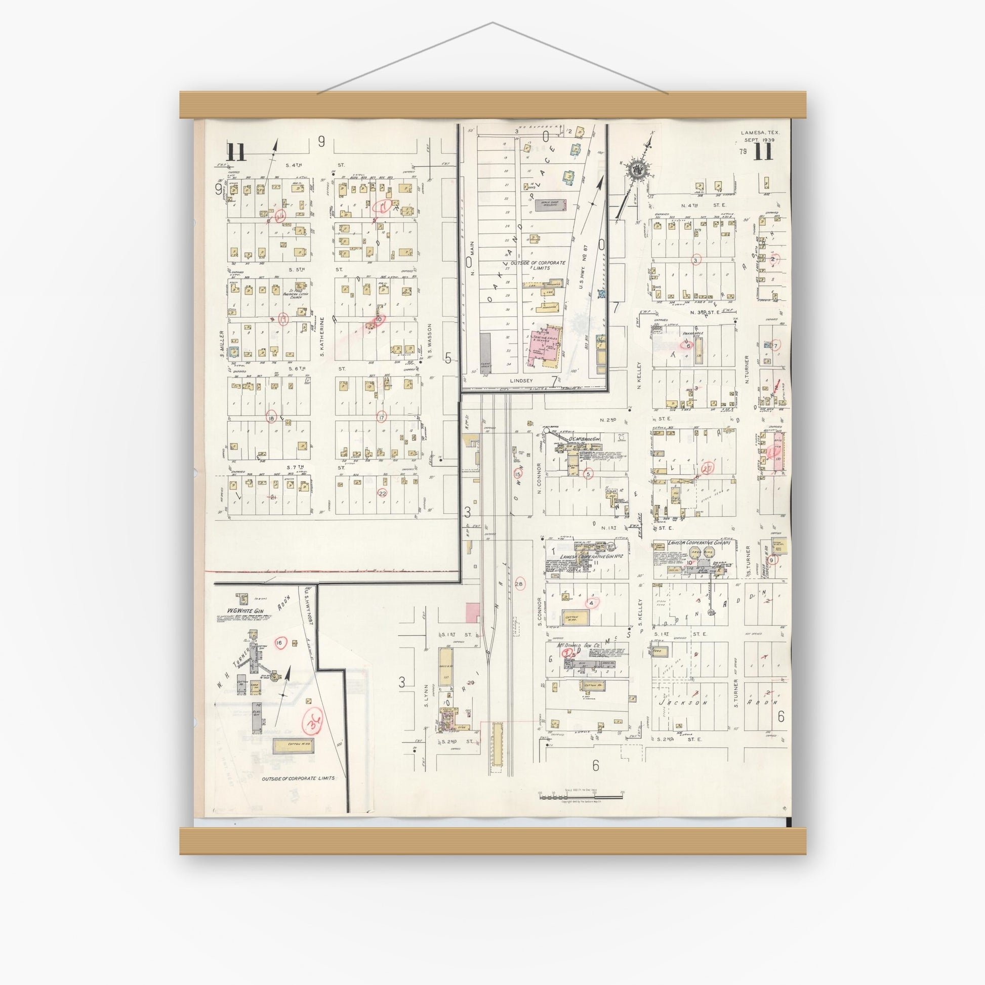 Old map wall art mockup — magnetic wood frame on white wall — Sanborn Fire Insurance Map from Lamesa, Dawson County, Texas (1948), Sheet #0011