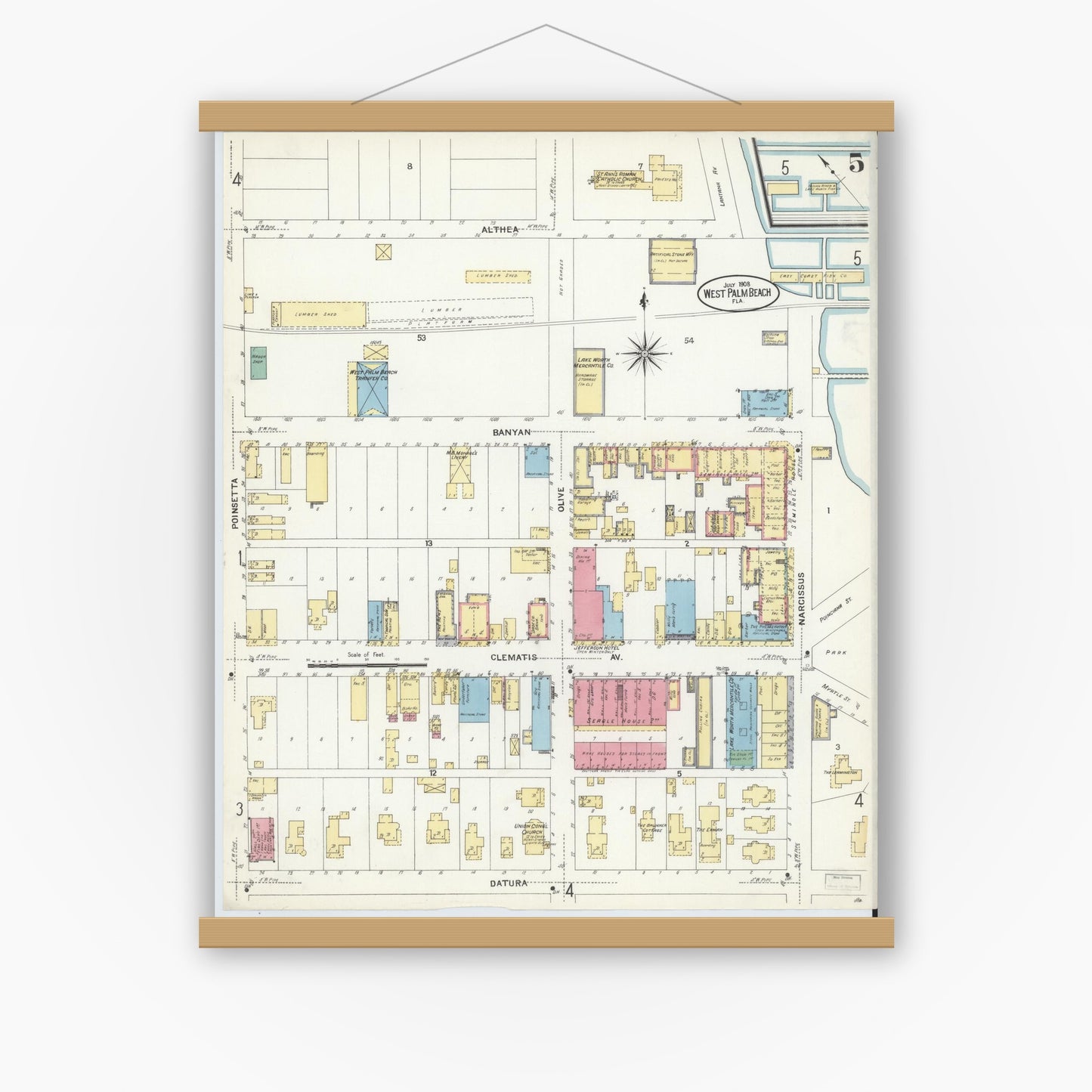 Old map wall art mockup — magnetic wood frame on white wall — Sanborn Fire Insurance Map from West Palm Beach, Dade County, Florida (1908), Sheet #0005