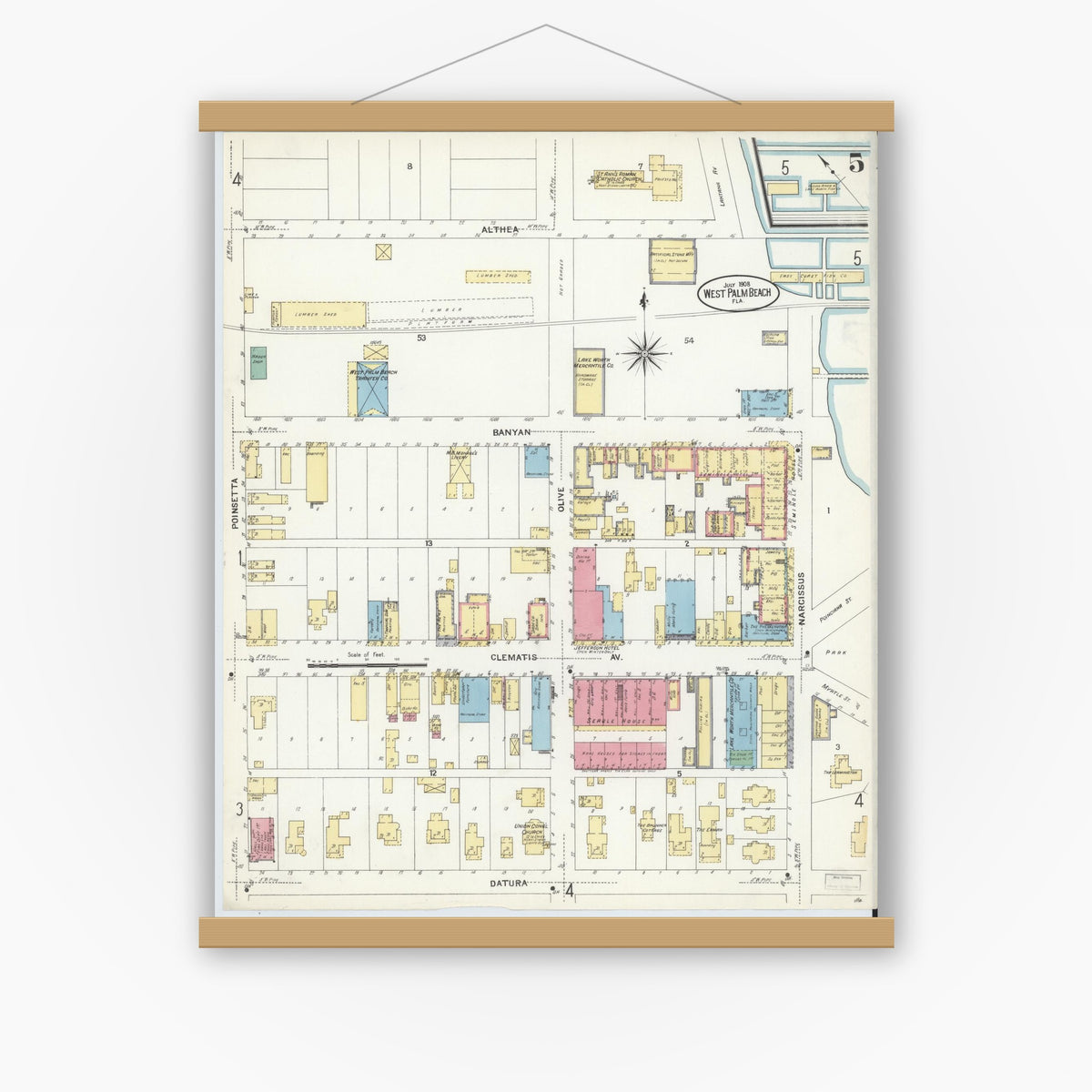 Old map wall art mockup — magnetic wood frame on white wall — Sanborn Fire Insurance Map from West Palm Beach, Dade County, Florida (1908), Sheet #0005