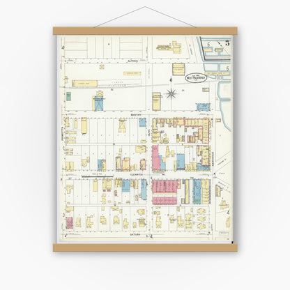 Old map wall art mockup — magnetic wood frame on white wall — Sanborn Fire Insurance Map from West Palm Beach, Dade County, Florida (1908), Sheet #0005