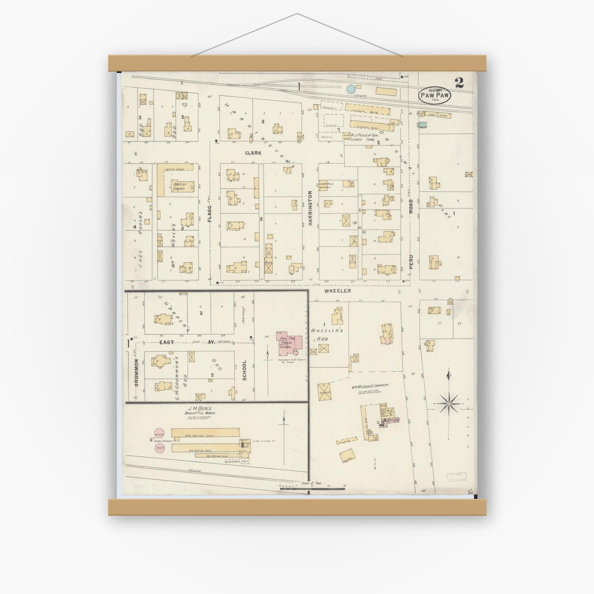 Old map wall art mockup — magnetic wood frame on white wall — Sanborn Fire Insurance Map from Paw Paw, Lee County, Illinois (1897), Sheet #0002