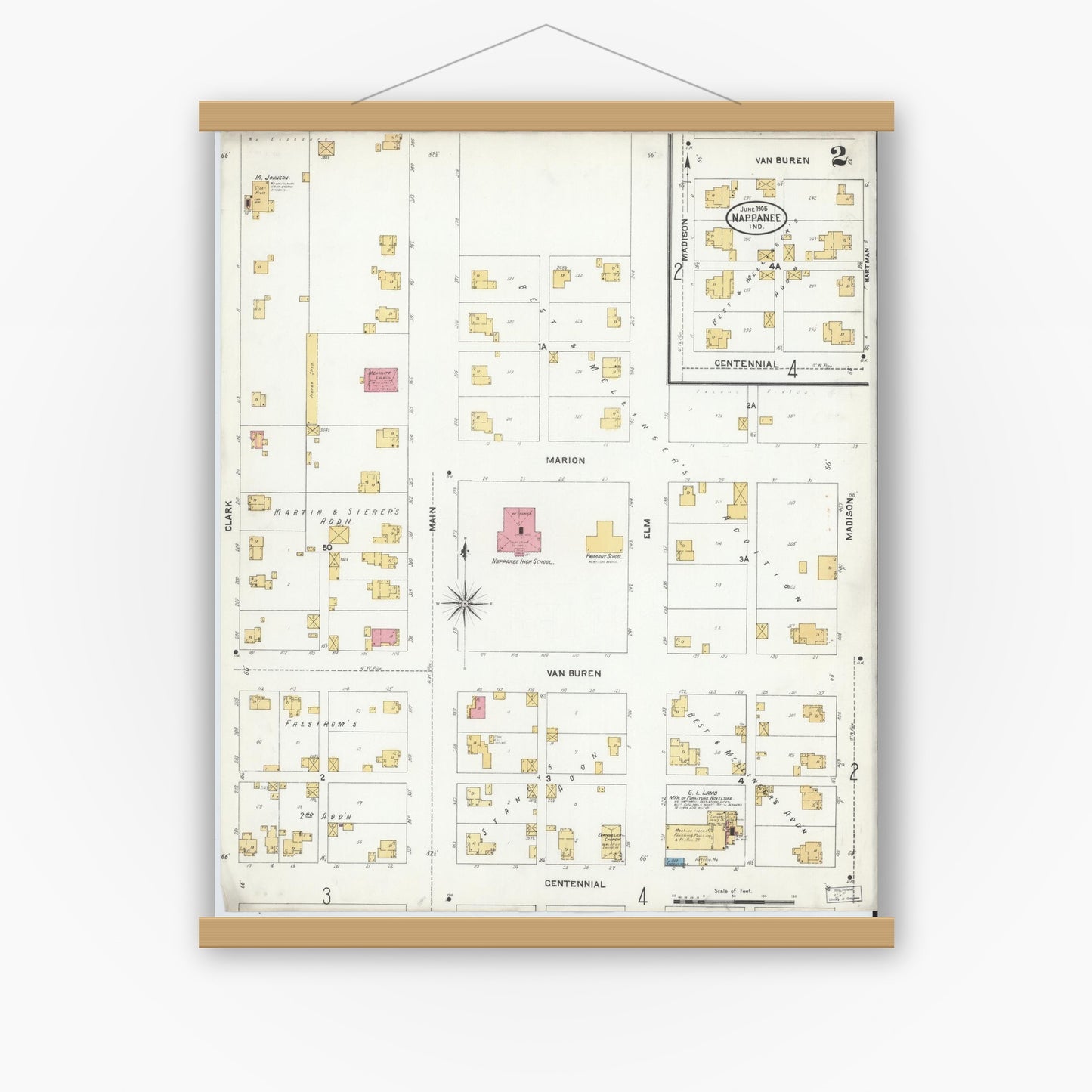 Old map wall art mockup — magnetic wood frame on white wall — Sanborn Fire Insurance Map from Nappanee, Elkhart County, Indiana (1905), Sheet #0002