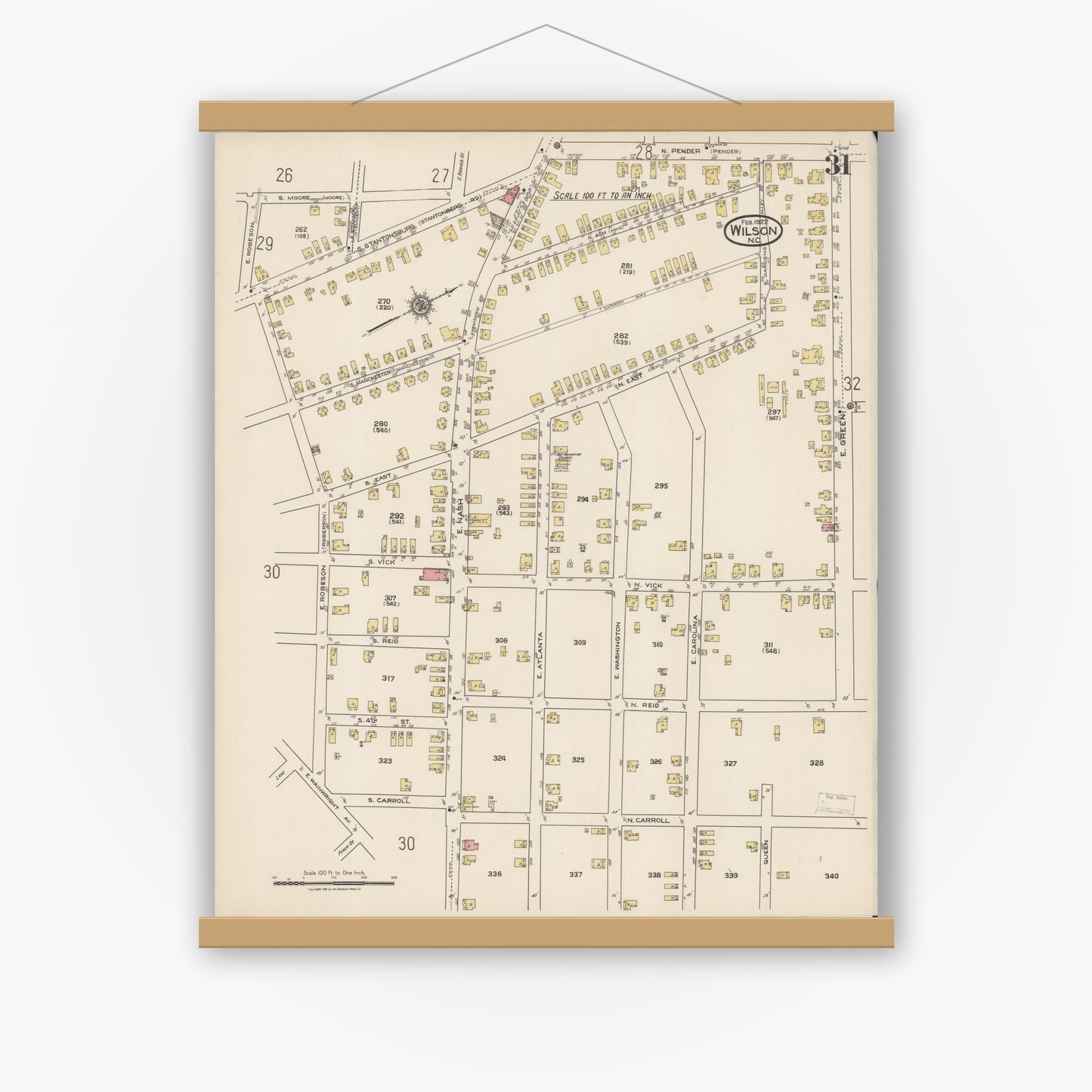 Old map wall art mockup — magnetic wood frame on white wall — Sanborn Fire Insurance Map from Wilson, Wilson County, North Carolina (1922), Sheet #0031