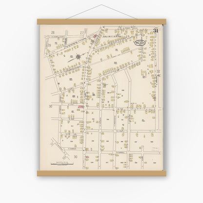 Old map wall art mockup — magnetic wood frame on white wall — Sanborn Fire Insurance Map from Wilson, Wilson County, North Carolina (1922), Sheet #0031