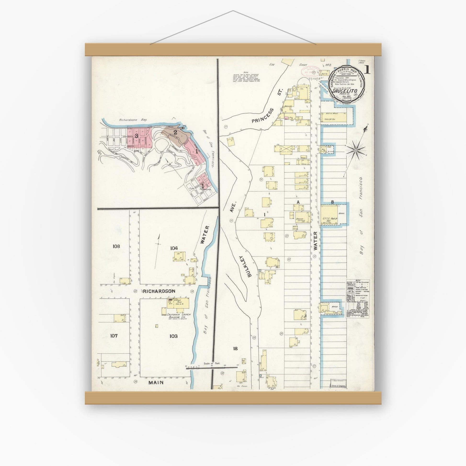 Old map wall art mockup — magnetic wood frame on white wall — Sanborn Fire Insurance Map from Sausalito, Marin County, California (1891) - Complete Map Set