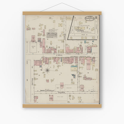 Old map wall art mockup — magnetic wood frame on white wall — Sanborn Fire Insurance Map from Asheville, Buncombe County, North Carolina (1885), Sheet #0002