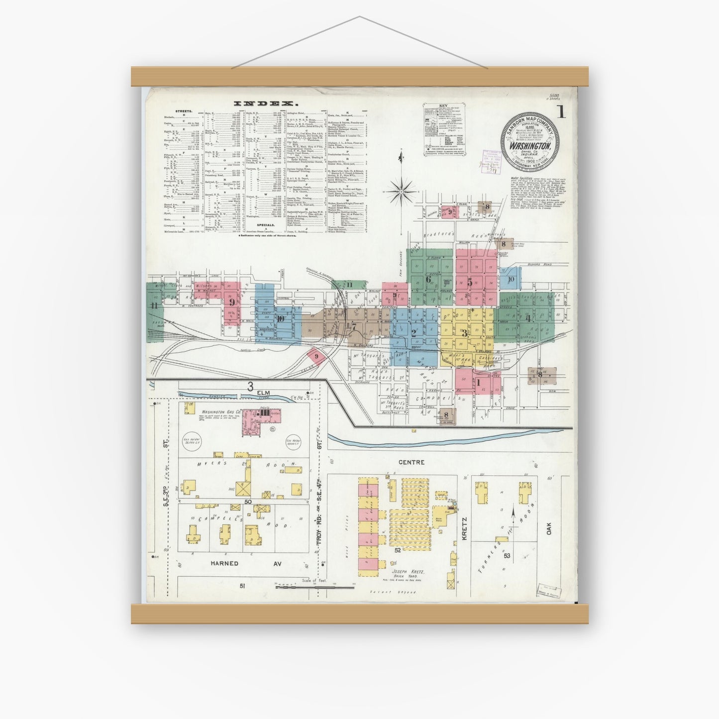 Old map wall art mockup — magnetic wood frame on white wall — Sanborn Fire Insurance Map from Washington, Daviess County, Indiana (1902) - Complete Map Set