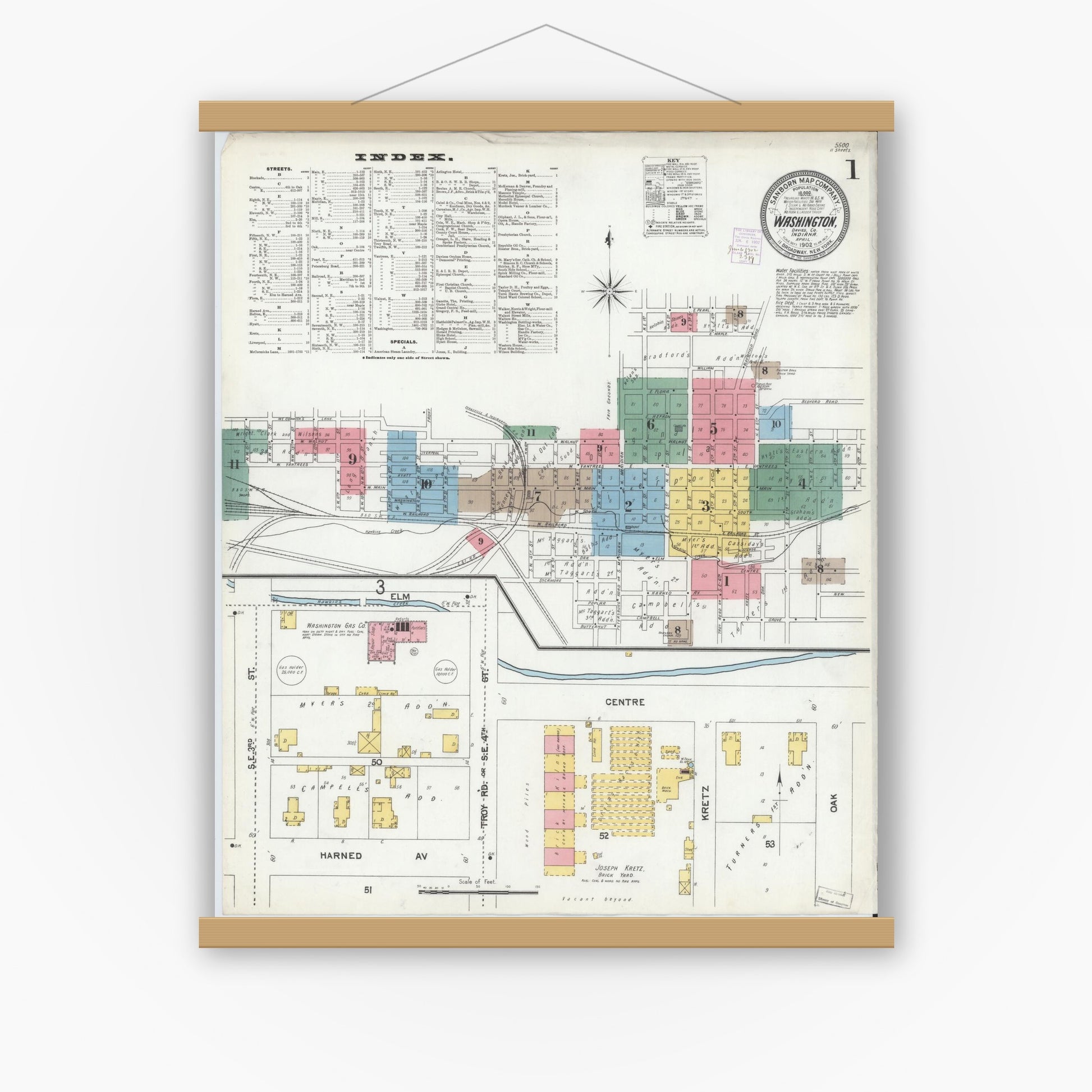 Old map wall art mockup — magnetic wood frame on white wall — Sanborn Fire Insurance Map from Washington, Daviess County, Indiana (1902) - Complete Map Set