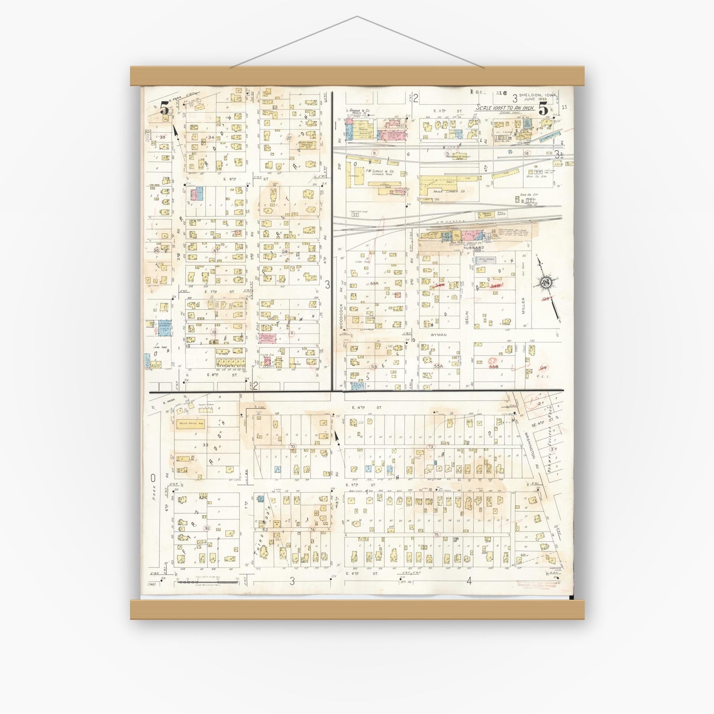 Old map wall art mockup — magnetic wood frame on white wall — Sanborn Fire Insurance Map from Sheldon, O'Brien County, Iowa (1948), Sheet #0005