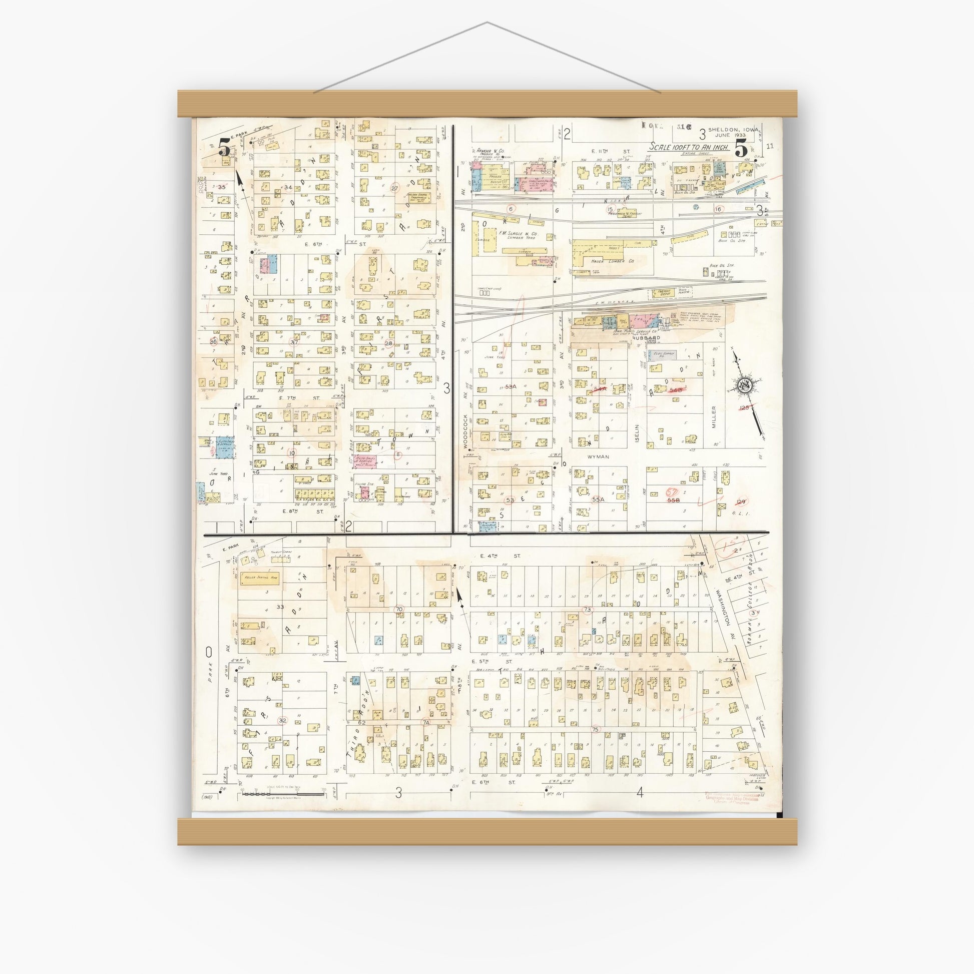 Old map wall art mockup — magnetic wood frame on white wall — Sanborn Fire Insurance Map from Sheldon, O'Brien County, Iowa (1948), Sheet #0005
