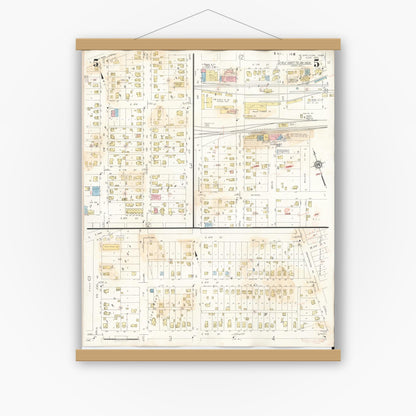 Old map wall art mockup — magnetic wood frame on white wall — Sanborn Fire Insurance Map from Sheldon, O'Brien County, Iowa (1948), Sheet #0005