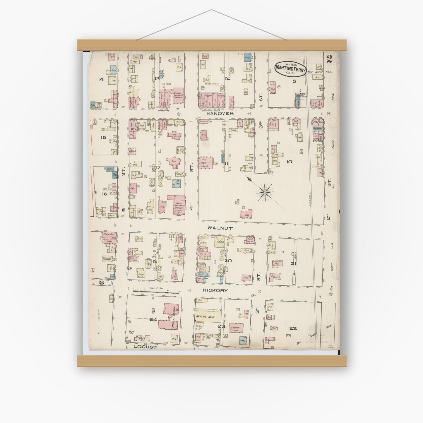 Old map wall art mockup — magnetic wood frame on white wall — Sanborn Fire Insurance Map from Martins Ferry, Belmont County, Ohio (Unknown), Sheet #0002