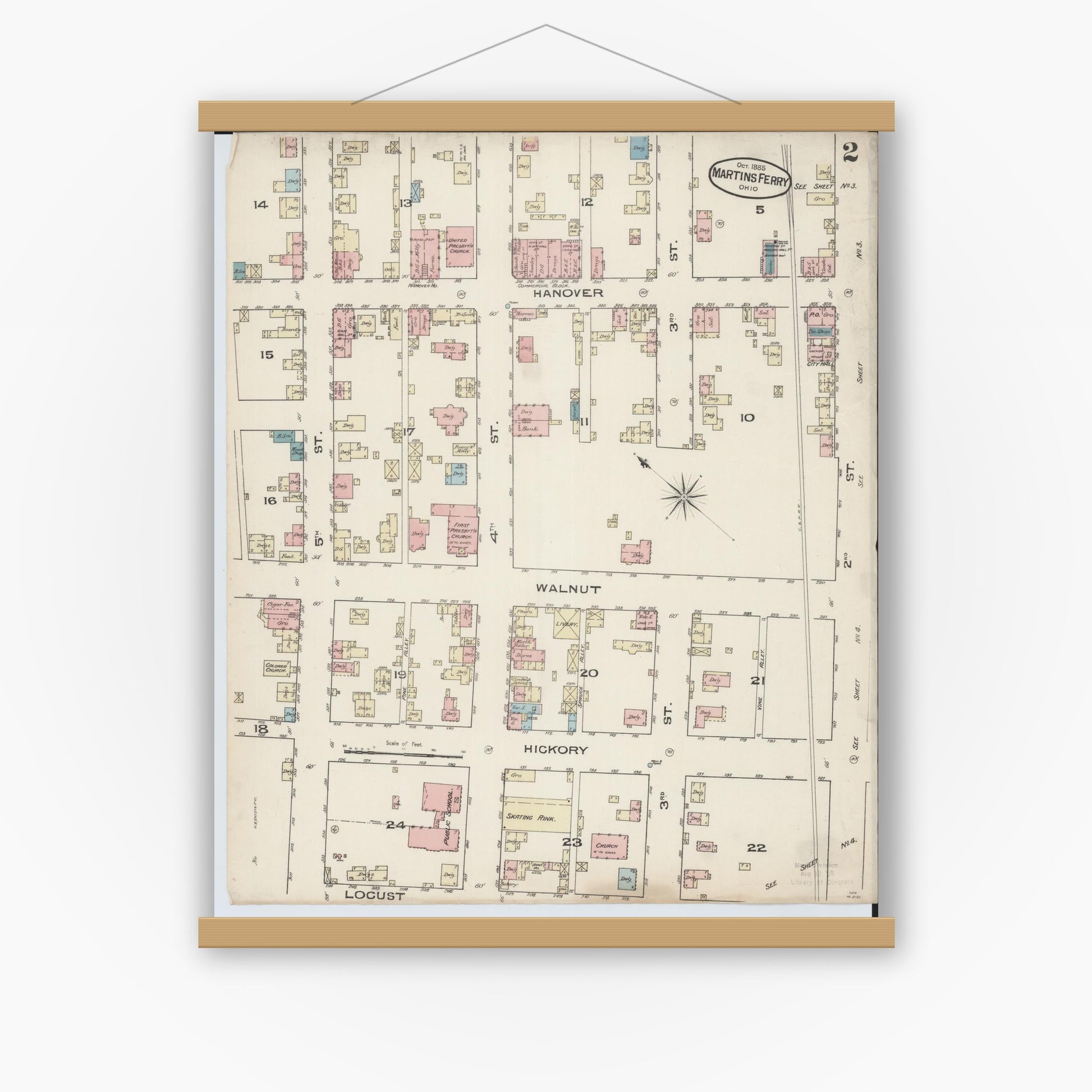 Old map wall art mockup — magnetic wood frame on white wall — Sanborn Fire Insurance Map from Martins Ferry, Belmont County, Ohio (Unknown), Sheet #0002
