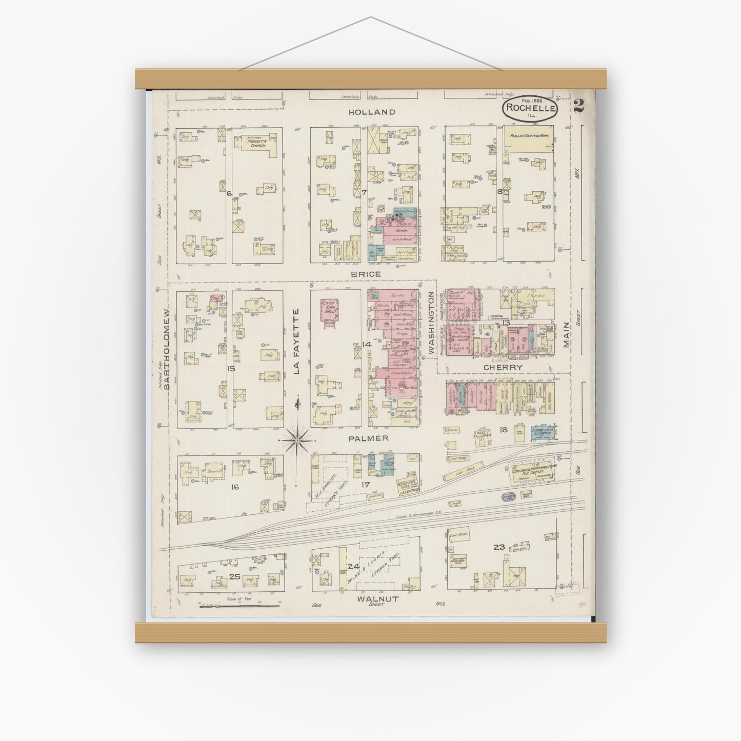 Old map wall art mockup — magnetic wood frame on white wall — Sanborn Fire Insurance Map from Rochelle, Ogle County, Illinois (1886), Sheet #0002