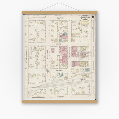 Old map wall art mockup — magnetic wood frame on white wall — Sanborn Fire Insurance Map from Rochelle, Ogle County, Illinois (1886), Sheet #0002