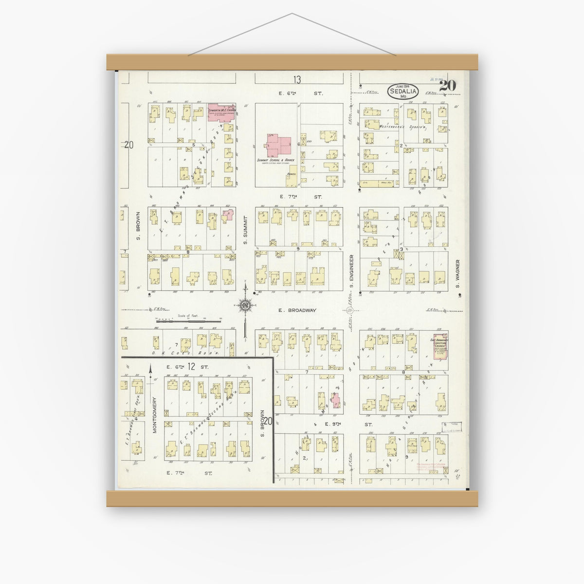 Old map wall art mockup — magnetic wood frame on white wall — Sanborn Fire Insurance Map from Sedalia, Pettis County, Missouri (1914), Sheet #0020