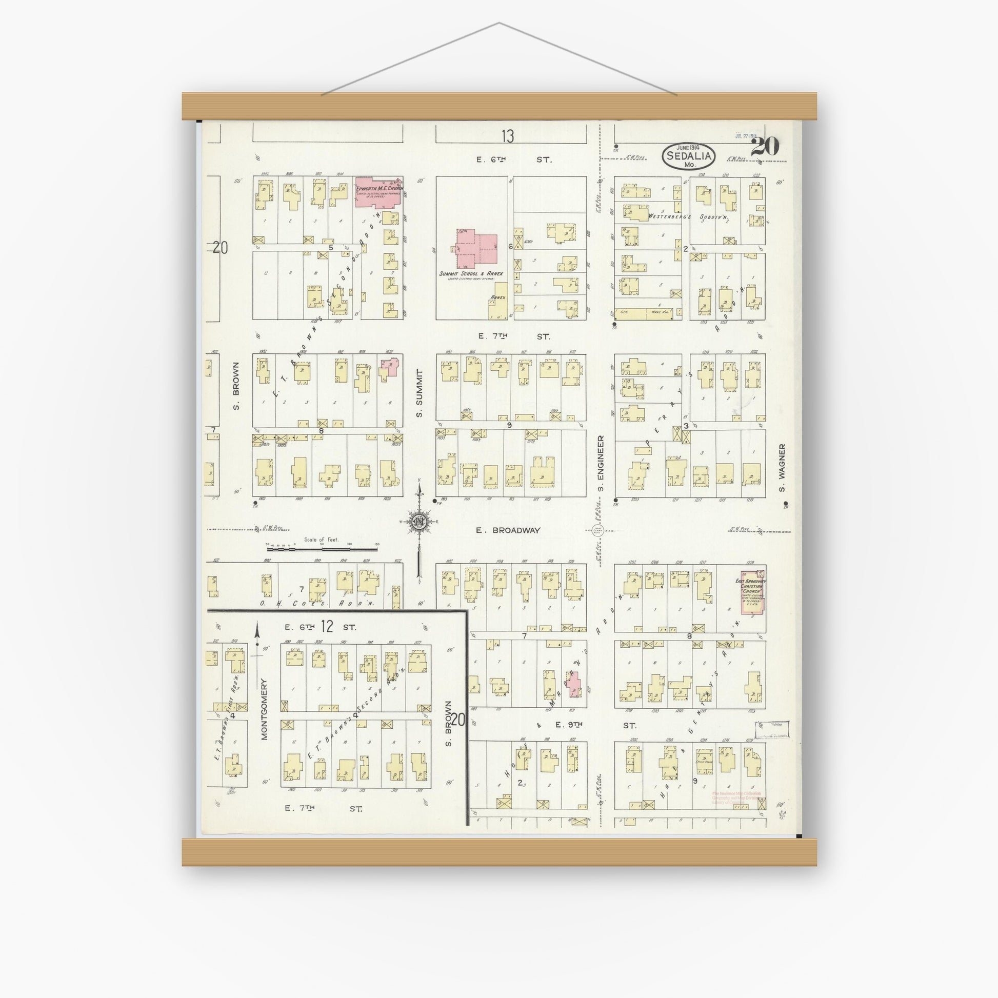 Old map wall art mockup — magnetic wood frame on white wall — Sanborn Fire Insurance Map from Sedalia, Pettis County, Missouri (1914), Sheet #0020