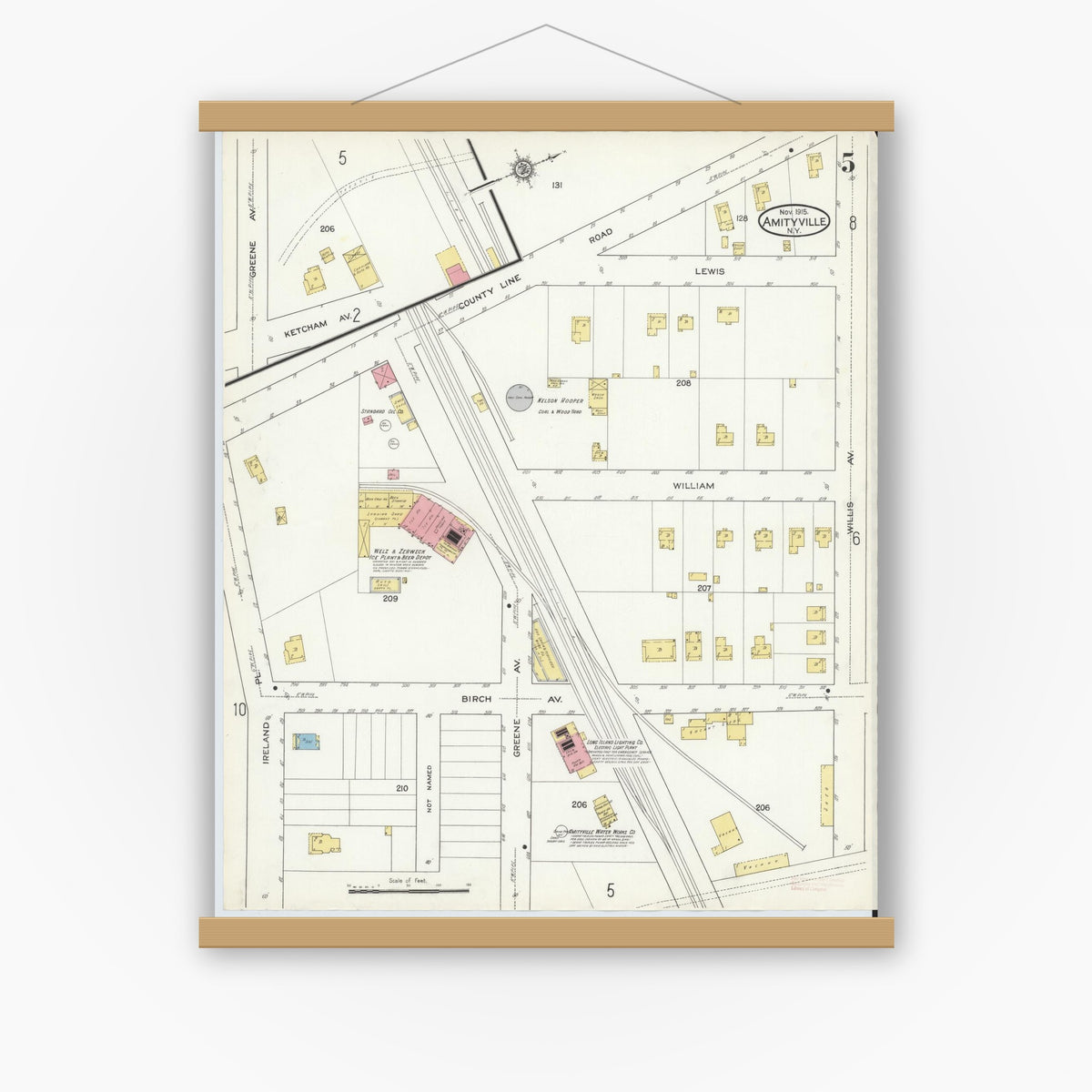 Old map wall art mockup — magnetic wood frame on white wall — Sanborn Fire Insurance Map from Amityville, Suffolk County, New York (1915), Sheet #0005
