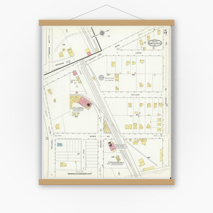 Old map wall art mockup — magnetic wood frame on white wall — Sanborn Fire Insurance Map from Amityville, Suffolk County, New York (1915), Sheet #0005
