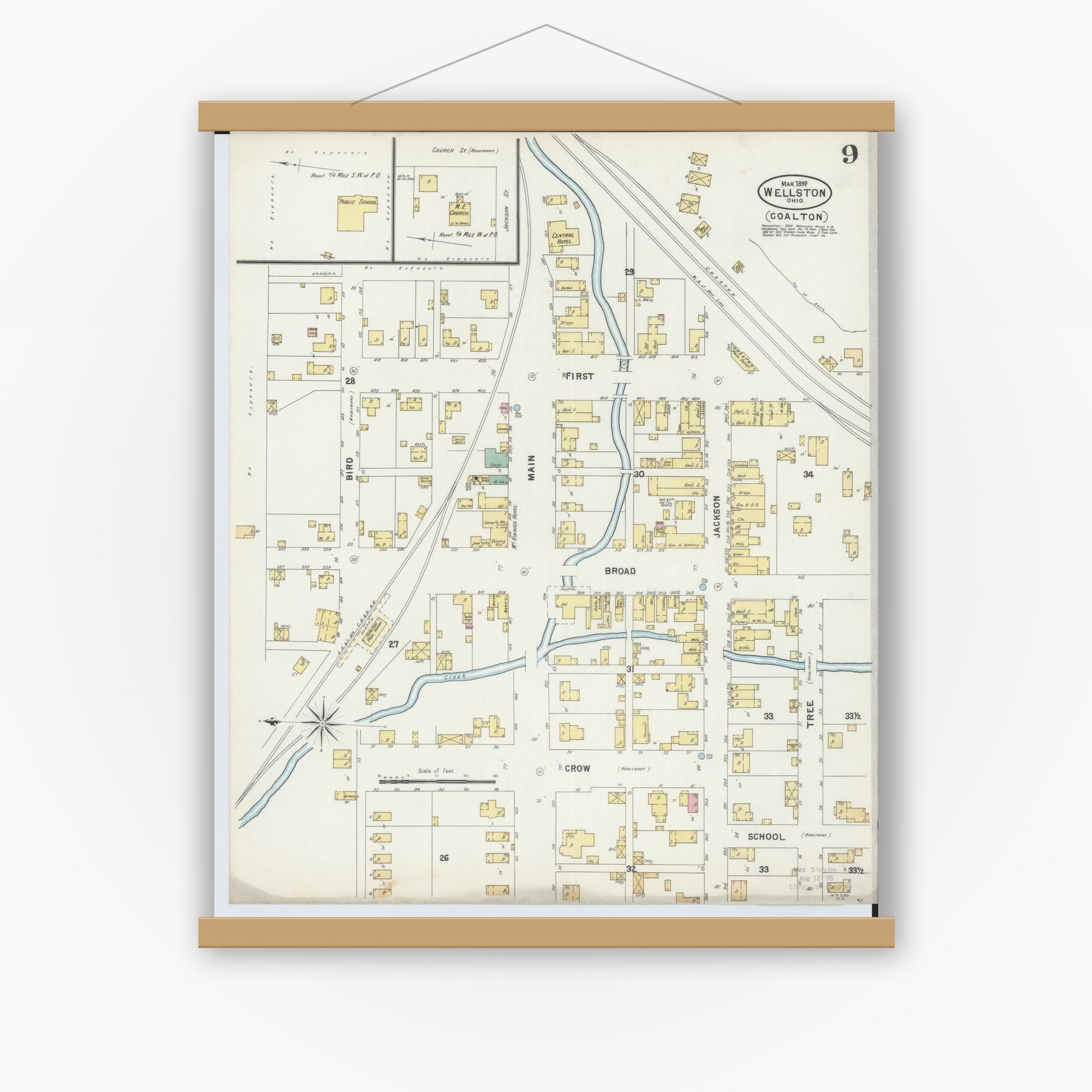 Old map wall art mockup — magnetic wood frame on white wall — Sanborn Fire Insurance Map from Wellston, Jackson County, Ohio (1897), Sheet #0009