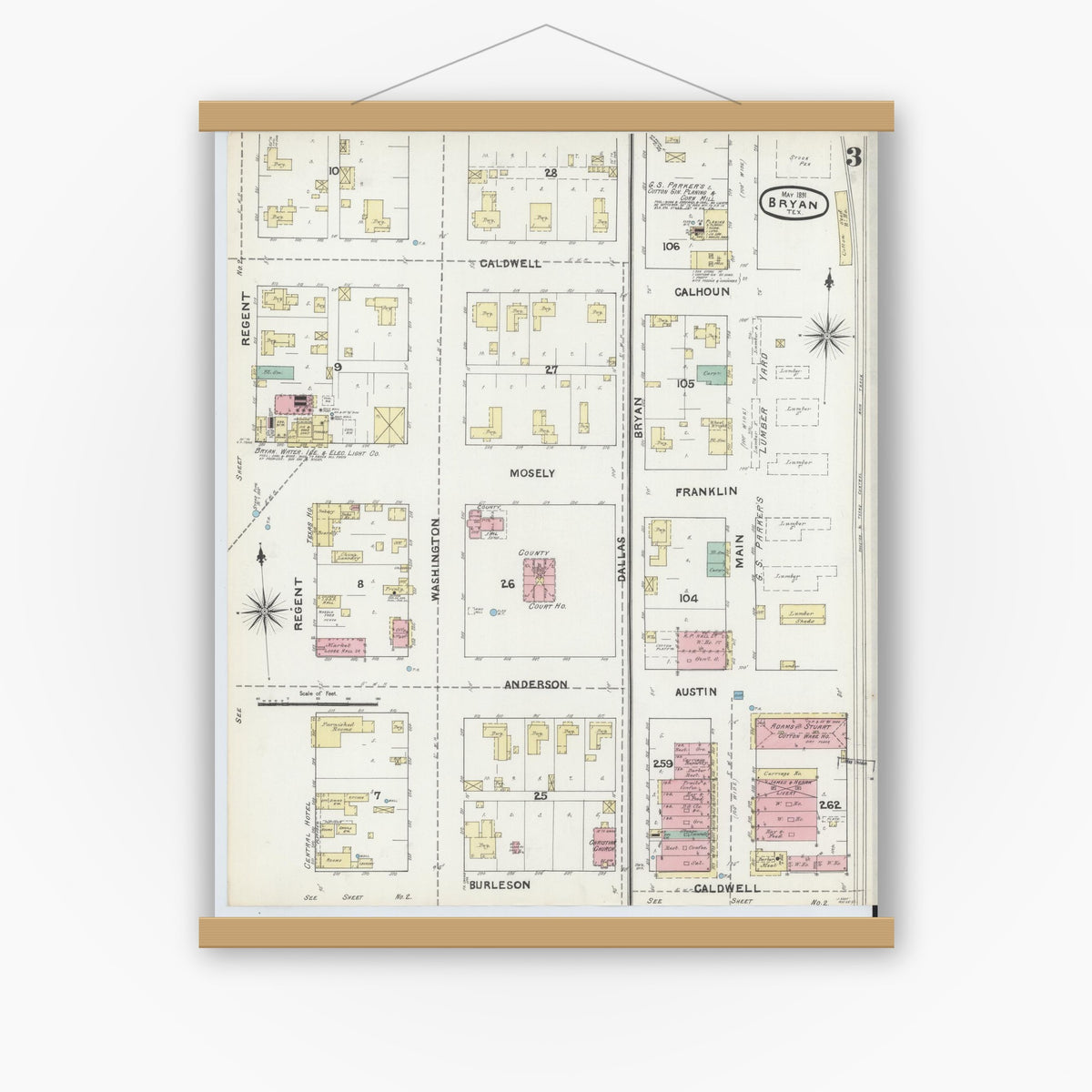 Old map wall art mockup — magnetic wood frame on white wall — Sanborn Fire Insurance Map from Bryan, Brazos County, Texas (1891), Sheet #0003