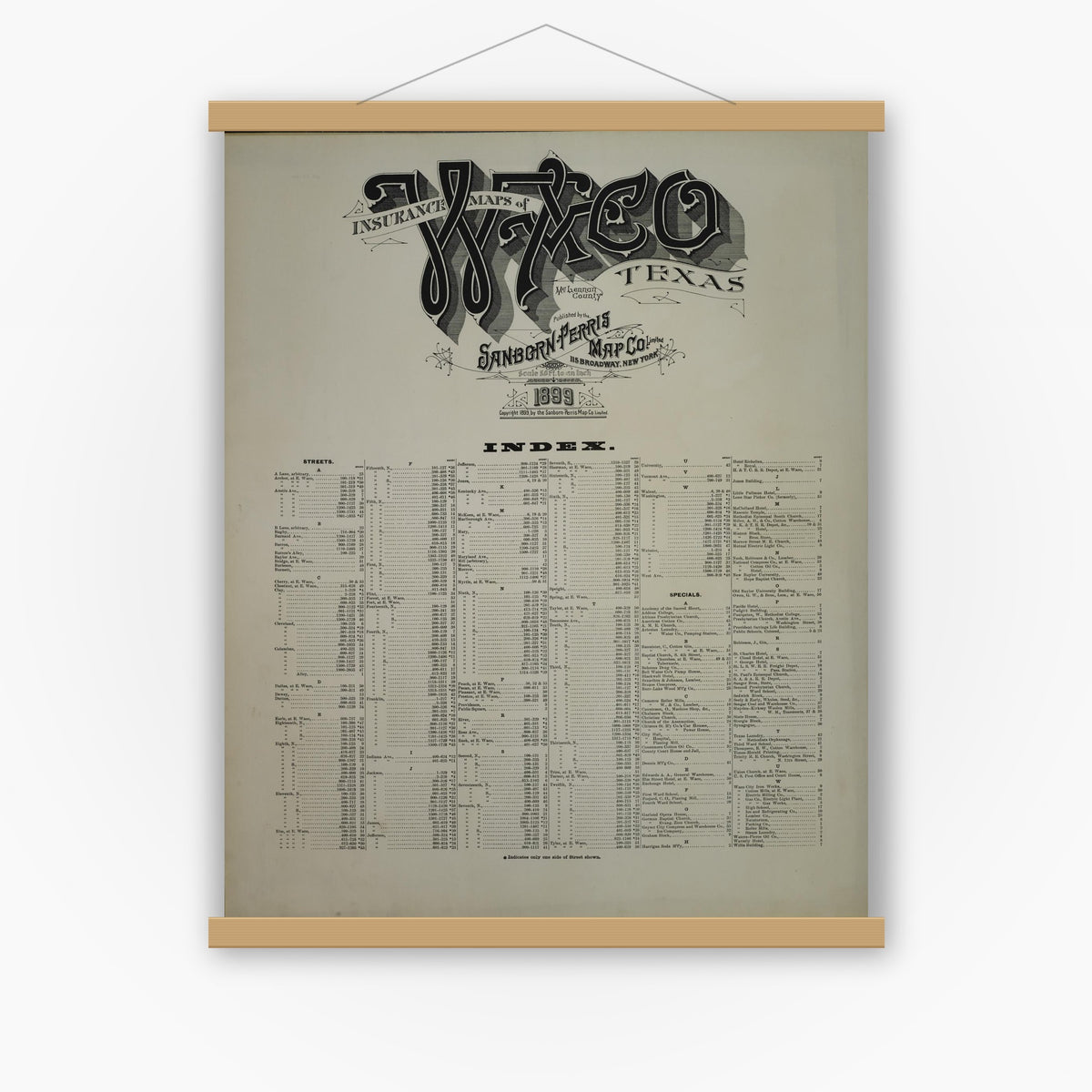 Old map wall art mockup — magnetic wood frame on white wall — Sanborn Fire Insurance Map from Waco, McLennan County, Texas (1899), Sheet #0001