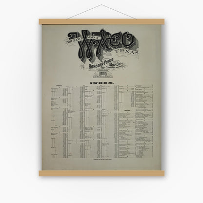 Old map wall art mockup — magnetic wood frame on white wall — Sanborn Fire Insurance Map from Waco, McLennan County, Texas (1899), Sheet #0001