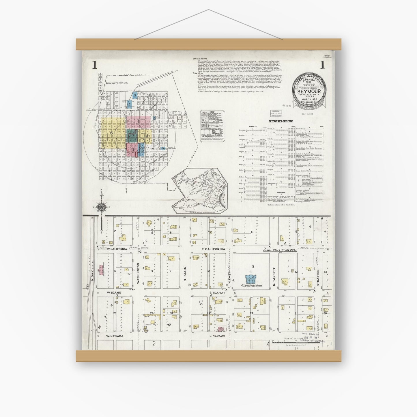 Old map wall art mockup — magnetic wood frame on white wall — Sanborn Fire Insurance Map from Seymour, Baylor County, Texas (1925) - Complete Map Set