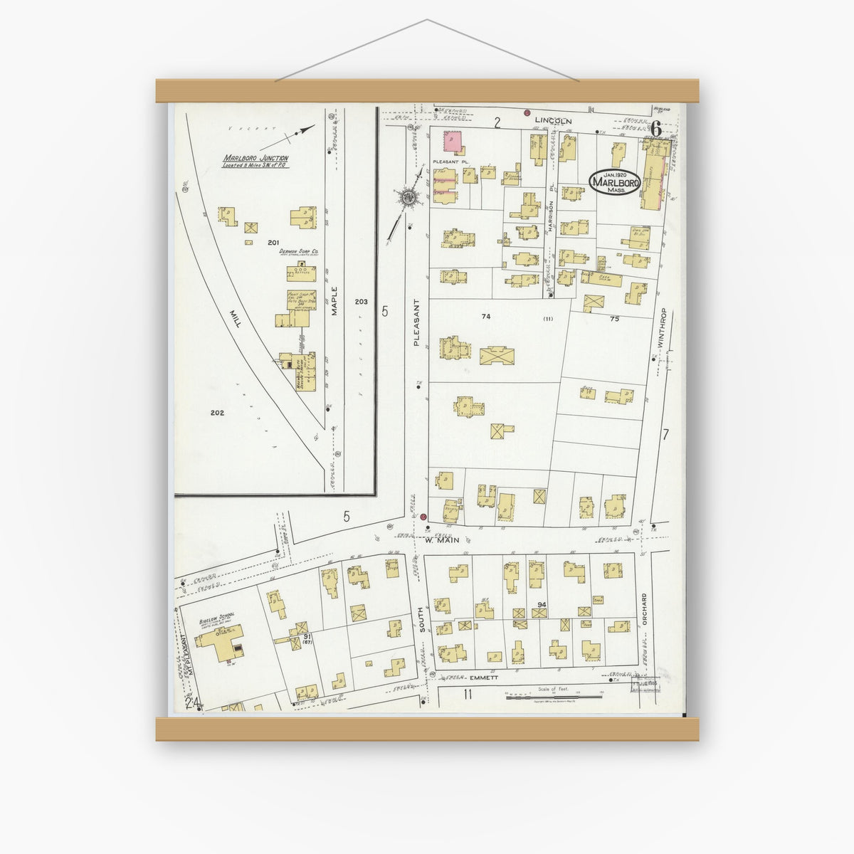 Old map wall art mockup — magnetic wood frame on white wall — Sanborn Fire Insurance Map from Marlborough, Middlesex County, Massachusetts (1920), Sheet #0006