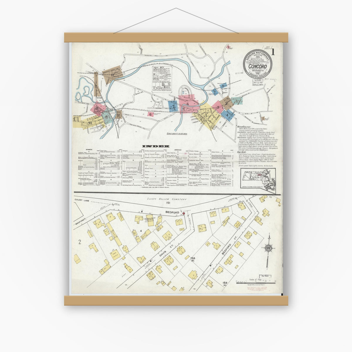 Old map wall art mockup — magnetic wood frame on white wall — Sanborn Fire Insurance Map from Concord, Middlesex County, Massachusetts (1918) - Complete Map Set